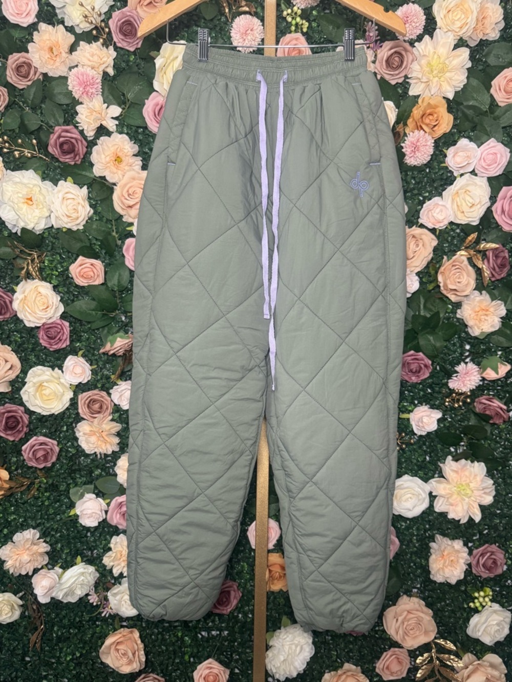 Daily Practice Olive Quilted Jogger Pants with Lavender Drawstring